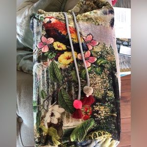 Johnny WAS Drawstring Bag Vignes Bird Print NO BLANKET INCLUDED Fleece Soft